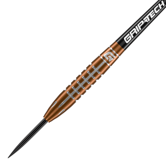 Freccette in acciaio al tungsteno GOAT Quarterback V2 - 24 g Der GOAT Quarterback V2 Tungsten Steeldart wiegt 24 Gramm und hat ein auffälliges, gerilltes Design. Auf dem Schaft steht das Wort "GRIPTECH" geschrieben.