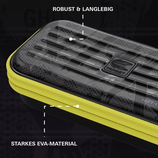 Custodia per freccette Luke Littler della serie Ghost di Takoma Gezeigt wird das Takoma Ghost Series Luke Littler Dartcase. Die Tasche bietet Sicherheit und Komfort für alle Dart-Liebhaber.