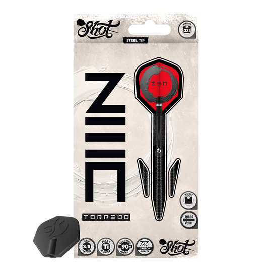 Freccette in acciaio Shot ZEN Torpedo Turbo Point - 23 g Die Shot ZEN Torpedo Turbo Point Steeldarts mit 23g werden aus einer anderen Perspektive gezeigt. Die Oberfläche und die Details der Darts sind gut zu erkennen.
