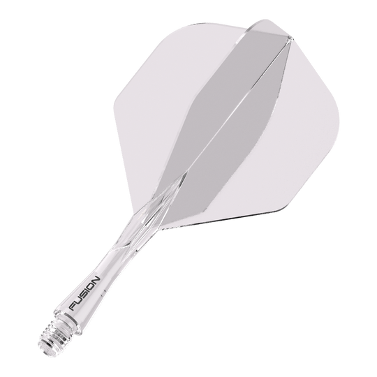 Sistema di alberi di volo Winmau Fusion standard trasparente Das Bild zeigt ein durchsichtiges Dartflight- und Shafts-System. Auf dem Schaft steht das Wort "FUSION".