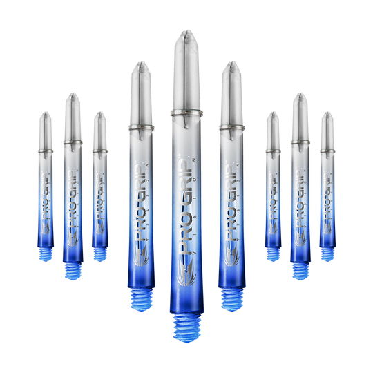 Aste Target Pro Grip Vision - 3 set - Blu Das Bild zeigt neun transparente Dartschäfte mit blauem unteren Ende. Auf den Schäften steht "Pro Grip" geschrieben.