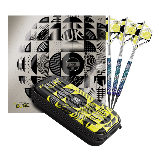 Freccette morbide Target Luke Littler Edge - 19 g Auf dem Bild befindet sich das Set der Target Luke Littler Edge Softdarts - 19g. Die Darts sind komplett und gut sichtbar angeordnet.