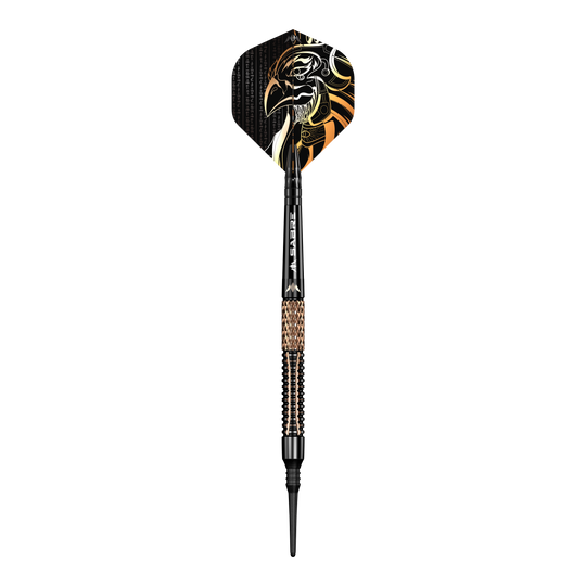 Freccette morbide Mission Horus - 19 g Der Mission Horus Softdart - 19g ist ein stilvoller Dartpfeil mit schwarzem und goldfarbenem Design. Auf der Flight-Fläche ist der Kopf eines stilisierten Vogels abgebildet.