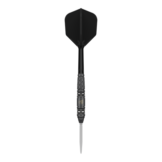 Target Japan Black Marque Dragon GEN2 Swiss Point Steel Darts Das Bild zeigt einen Target Japan Black Marque Dragon GEN2 Swiss Point Steeldart. Der Dartpfeil hat ein elegantes, schwarzes Design mit einer strukturierten Griffzone und einer scharfen Spitze.