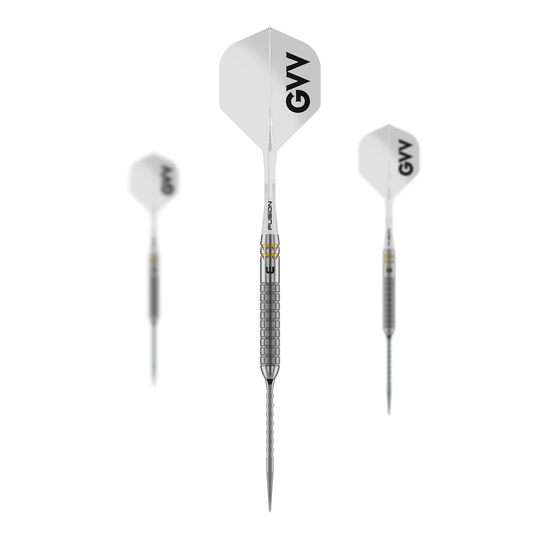 Freccette in acciaio Winmau Gian Van Veen W-MAX Switch Point Auf dem Bild ist ein Set der Winmau Gian Van Veen W-MAX Switch Point Steeldarts zu sehen. Alle drei Darts und das Zubehör sind abgebildet.