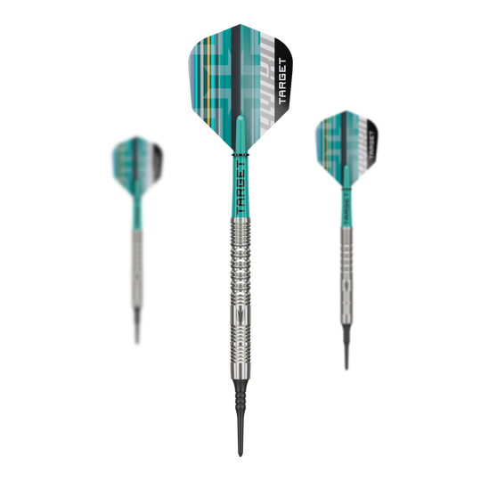 Target Hydro 12 freccette morbide Target Hydro 12 Softdarts sind hochwertige Softdarts für das Dartspiel. Das Bild zeigt das Design und die Verpackung dieses Produkts.