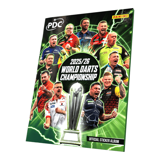 Panini PDC World Darts Championship 2025/26 - Offizielles Sticker-Sammelalbum als Softcover zu sehen. Das Sammelalbum ist für die Kollektion von Panini-Stickern rund um die Weltmeisterschaft gedacht.