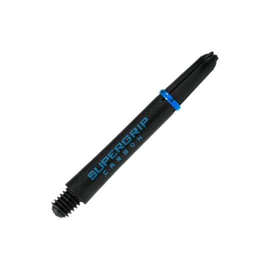 HR364_Harrows_Supergrip_Carbon_Shafts_Aqua_40mm_2 Dies ist ein Harrows Supergrip Carbon Shaft in der Farbe Aqua. Der Schaft ist schwarz mit blauer Aufschrift und einem blauen Ring.