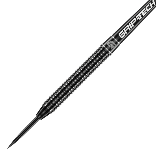 Freccette in acciaio al tungsteno GOAT Sprocket Das Bild zeigt einen GOAT Sprocket Tungsten Steeldart mit einem schwarzen, strukturierten Griff. Auf dem Schaft steht in weißer Schrift das Wort "GRIPTECH".