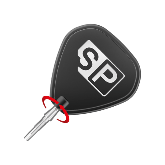 Punte per freccette Target Swiss Storm Onyx Point - Argento Das Bild zeigt eine silberne Dartspitze des Produkts "Target Swiss Storm Onyx Point". Die Dartspitze ist an einem schwarzen Dartflügel mit der Aufschrift "SP" befestigt.
