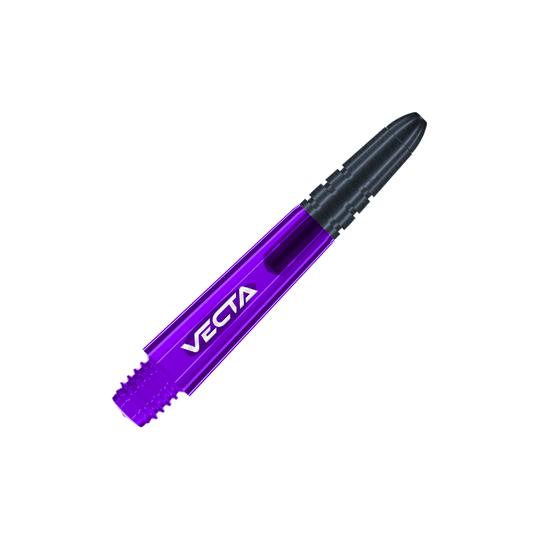 Winmau Vecta Shafts - Viola Nero Dies ist ein lila und schwarzer Dart-Shaft mit der Aufschrift "VECTA". Der Shaft hat ein modernes, sportliches Design und misst 34 mm.