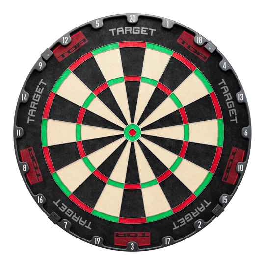 Target per freccette in acciaio Target TOR Target TOR Steeldartboard ist als rundes Dartboard klar abgebildet. Die Segmente und Zahlen sind sichtbar.