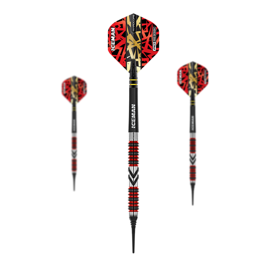 Freccette morbide Red Dragon Gerwyn Price Firebird - 20 g Das Bild zeigt drei Softdarts des Modells "Red Dragon Gerwyn Price Firebird - 20g". Die Darts haben rote Flights mit schwarzem und goldfarbenem Muster sowie silberne und rote Ringe am Barrel.