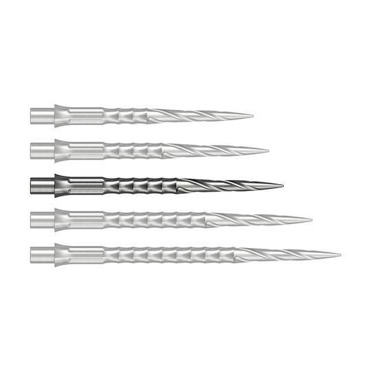 Zu sehen ist vermutlich eine Steeldartspitze in Silber, 32 mm lang. Das Produkt ist eine Spiro NoLip Spitze vom Caliburn Evo System.