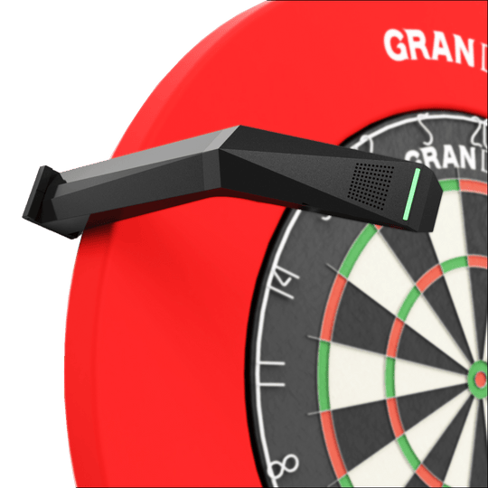 Sistema di punteggio automatico GranDarts Gran Eye GEN2 Steeldart Das Bild zeigt das GranDarts GranEye Steeldart Auto-Scoring-System, das über einem Dartboard installiert ist. Das schwarze Gerät erkennt automatisch die Treffer auf der Dartscheibe und wertet sie aus.
