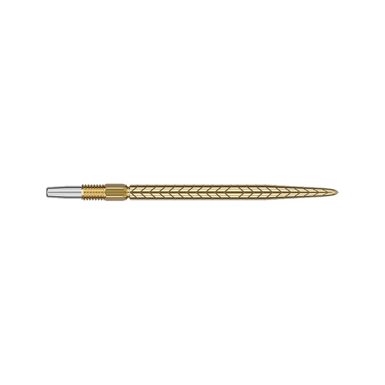 Punte per freccette Target Swiss Point RVE - Oro Das Bild zeigt eine goldfarbene Dartspitze mit einem feinen, eingravierten Muster. Die Spitze ist lang und hat ein elegantes, schlankes Design.