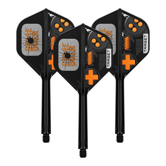 Voli standard Target K-Flex Game Over No2 Das Bild zeigt das Produkt 410581_Target_K-Flex_GameOver_No2_Standard_Flights_33mm_1Set. Es ist wahrscheinlich ein Set von Dart-Flights oder ähnlichem Zubehör.