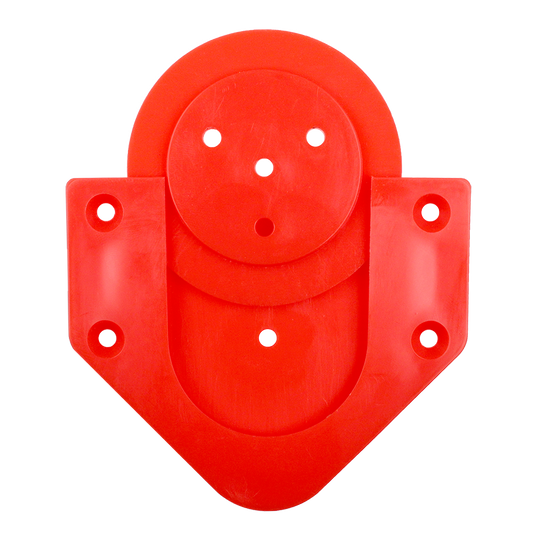 654-McDart-Board-Waldhalterung-ScoFix-Rot-1mIVU82FGHO6jb Das Bild zeigt eine rote Wandhalterung für ein Dartboard. Die Halterung hat mehrere Schraublöcher zur Befestigung.
