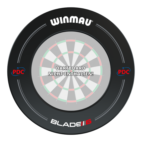 Cornice per freccette Winmau PDC - nera Das Bild zeigt den Winmau PDC Dartboard Surround in Schwarz. In der Mitte steht der Hinweis: "Dartboard nicht enthalten!"