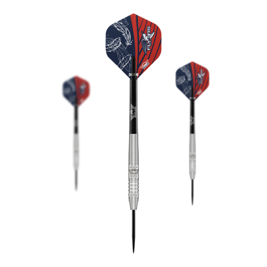 Bulls NL Richard Veenstra 80 freccette in acciaio - 23 g Das Bild zeigt drei Steeldarts des Modells "Bulls NL Richard Veenstra 80" mit 23g Gewicht. Die Flights sind rot-blau gestaltet und auf dem mittleren Dart ist das Logo gut zu erkennen.