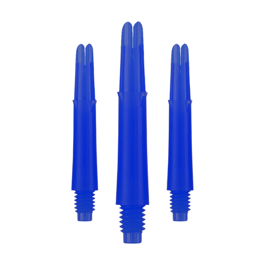 Alberi a L bloccati dritti - Blu Auf dem Bild sind drei blaue Dartschäfte in unterschiedlicher Höhe zu sehen. Sie haben ein gerades Design und ein Gewinde am unteren Ende.