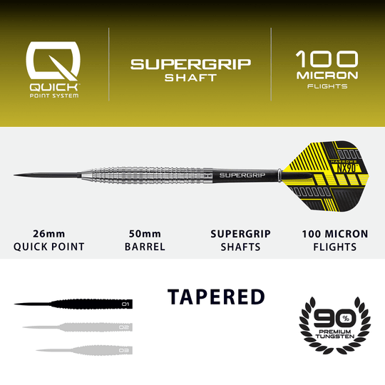 Freccette in acciaio con punta rapida conica Harrows NX90 Zu sehen sind die Harrows NX90 Tapered Quick Point Steeldarts. Diese Darts sind konisch geformt und bieten optimalen Halt beim Wurf.