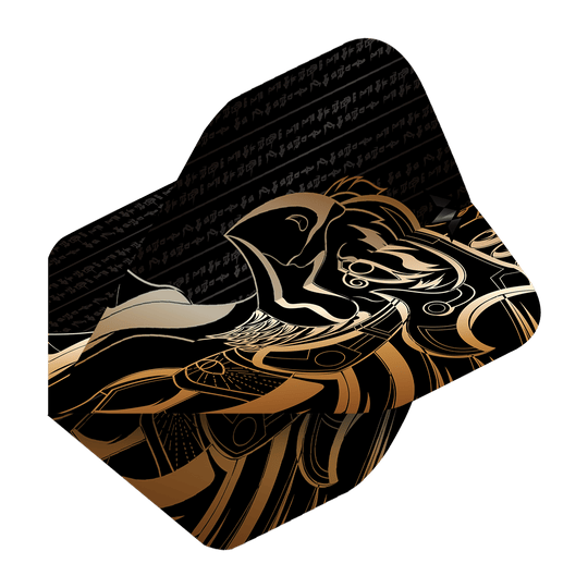 Missione Solo Horus No2 Voli Standard Das Bild zeigt das Produkt "Mission Solo Horus No2 Standard Flights". Das Design ist schwarz-gold mit einem stilisierten Horus-Motiv und ägyptischen Schriftzeichen.