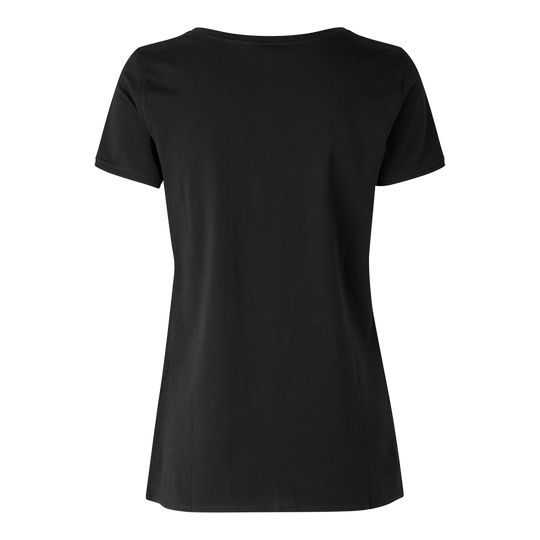 T-shirt da donna Barili e Alberi - Nera Das Bild zeigt ein schwarzes Damen-T-Shirt von hinten. Das T-Shirt hat einen einfachen, klassischen Schnitt ohne sichtbare Aufdrucke oder Muster.