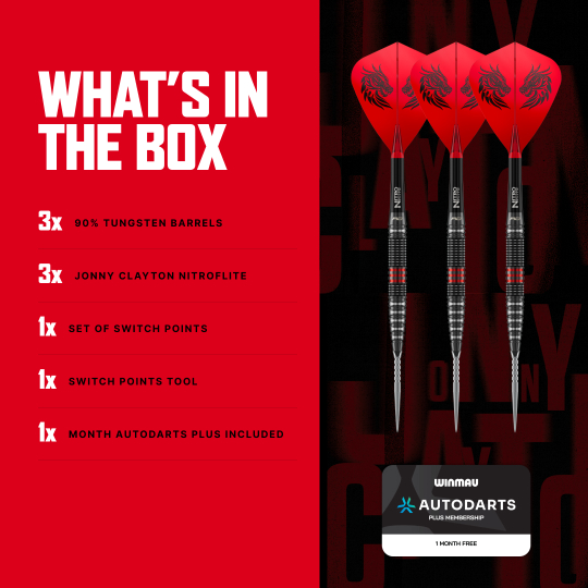 Freccette in acciaio Switch Point Red Dragon Jonny Clayton RD-PRO Die Aufnahme zeigt Red Dragon Jonny Clayton RD-PRO Switch Point Steeldarts aus einer anderen Perspektive. Die feine Struktur und Form der Darts ist erkennbar.