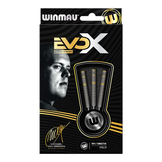 Freccette in acciaio Winmau Michael Van Gerwen Evo-X Die Verpackung zeigt die "Winmau Michael Van Gerwen Evo-X Steeldarts" mit stilvollem Design und prominenter Abbildung von Michael Van Gerwen. In der Packung sind drei Steeldarts mit 90% Tungsten-Anteil sichtbar.