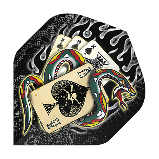 Alchemy Snake Of Spades No2 Voli Standard Das Bild zeigt ein buntes Schlangenmuster, das sich um eine Hand von Spielkarten windet. Im Hintergrund sind Flammen und ein schwarzer, strukturierter Hintergrund zu sehen.