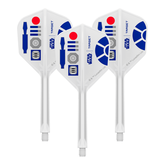 Voli Target Star Wars K-Flex R2D2 No6 Zu sehen ist ein Produkt mit dem Dateinamen 410512_Target_StarWars_KFlex_R2D2_No6_Flights_Medium_33mm_1Set. Vermutlich handelt es sich dabei um ein Set von Dart-Flights mit Star Wars Thema.