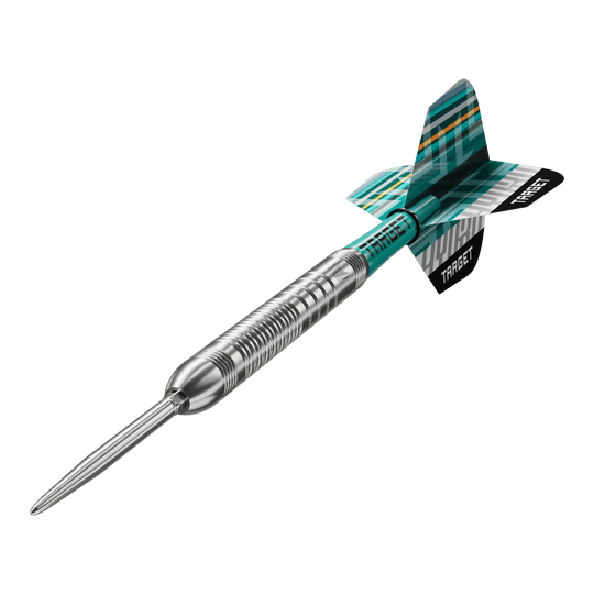Freccette in acciaio Target Hydro 03 Swiss Point Die Target Hydro 03 Swiss Point Steeldarts sind auf dem Bild zu sehen. Die Nahaufnahme hebt die Details der Darts hervor.