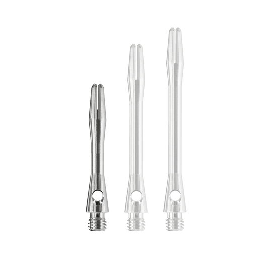 HR369_Harrows_Keramic_Shafts_Gun_Metal_35mm_18YXNdbJfQFgSB Das Bild zeigt drei silberfarbene Dartschäfte in unterschiedlicher Länge. Es handelt sich um die „Harrows Keramic Shafts - Gun Metal“.