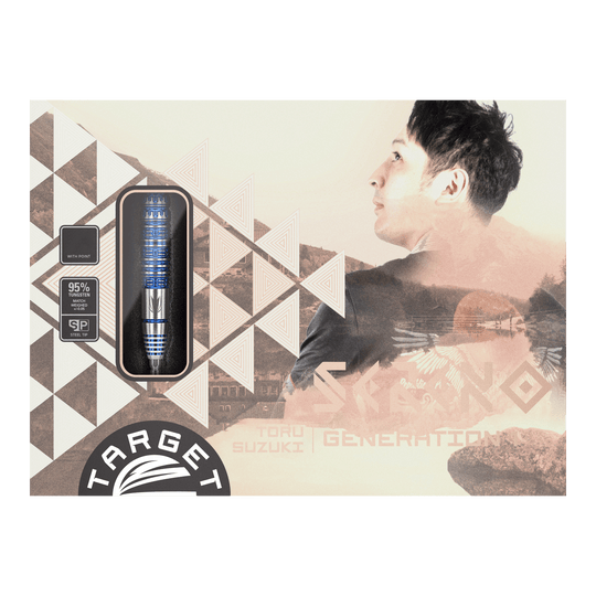 Target Japan Toru Suzuki Sereno GEN1 Swiss Point Steeldarts - 21 g Die Verpackung zeigt die Steeldarts "Target Japan Toru Suzuki Sereno GEN1 Swiss Point" mit einem Gewicht von 21g. Auf der rechten Seite ist eine Porträtaufnahme eines Mannes abgebildet.