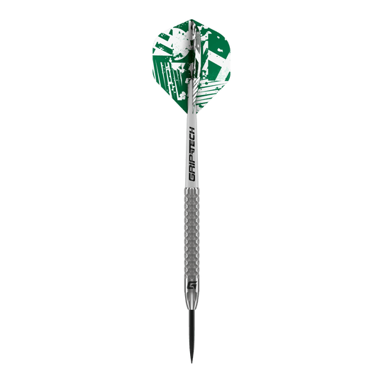 Freccette in acciaio al tungsteno GOAT Fairway V2 Das Bild zeigt einen GOAT Fairway V2 Tungsten Steeldart. Der Dart hat eine silberne Spitze und Schaft sowie grüne Flights mit weißem Muster.