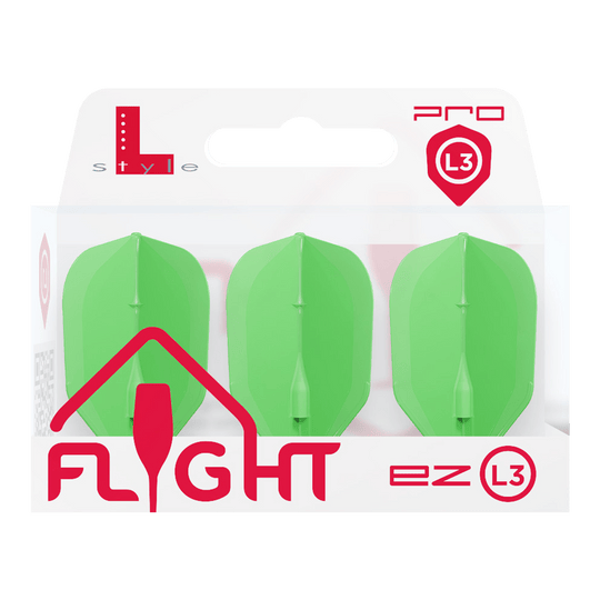 Voli L-L-Style3EZ Das Bild zeigt eine Packung mit drei neon-grünen Dartflights. Die Verpackung ist mit "L-Style Flight EZ L3" beschriftet.