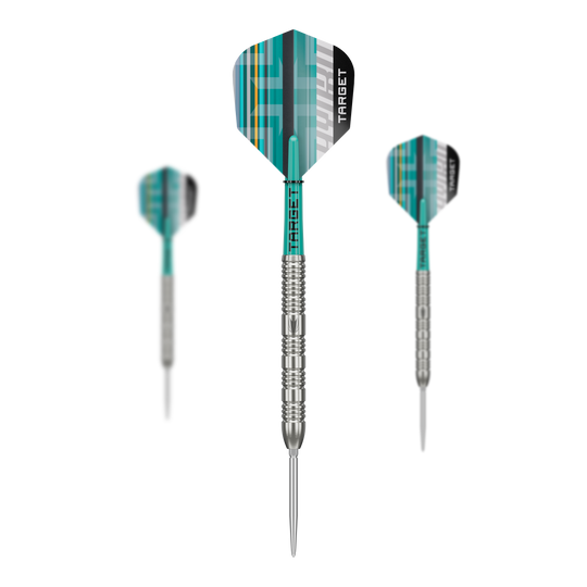 Das Foto zeigt ein Set der Target Hydro 02 Swiss Point Steeldarts. Die verschiedenen Teile des Sets sind gut erkennbar.