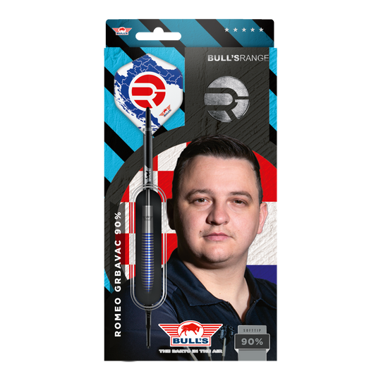 Bulls NL Romeo Grbavac freccette morbide - 19 g Die Verpackung zeigt die Softdarts "Bulls NL Romeo Grbavac" mit einem Gewicht von 19g. Auf der Vorderseite ist auch das Bild eines Mannes und das Logo von Bulls abgebildet.
