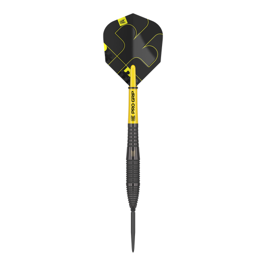 Freccette in acciaio Target Bolide Void 05 Swiss Point Das Bild zeigt einen Target Bolide Void 05 Swiss Point Steeldart. Der Dartpfeil ist überwiegend schwarz mit gelben Akzenten und hat eine strukturierte Griffzone.