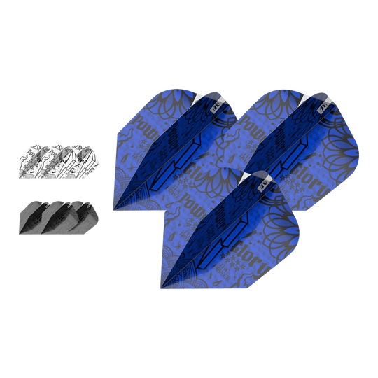 Pacchetto inchiostro Target 3 set di alette Power No6 Das Bild zeigt drei Sets von Target Ink Bundle Power No6 Flights in verschiedenen Farben und Designs. Die Flights sind in Blau, Schwarz und Weiß mit auffälligen grafischen Mustern gestaltet.