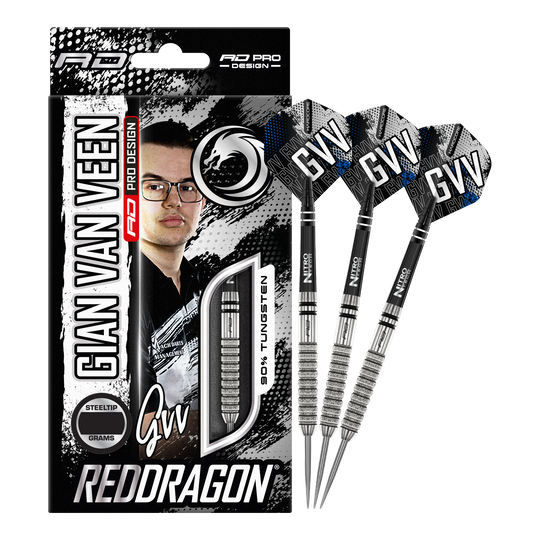 Das Bild zeigt die Verpackung und drei Steeldarts des Produkts „Red Dragon Gian Van Veen Tour Edition“ mit 22 Gramm Gewicht. Auf der Verpackung ist ein Porträt von Gian Van Veen sowie der Schriftzug „REDDRAGON“ zu sehen.