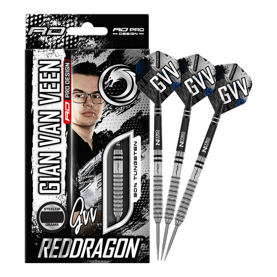 Red Dragon Gian Van Veen Tour Edition Steeldarts - 22g Das Bild zeigt die Verpackung und drei Steeldarts des Produkts „Red Dragon Gian Van Veen Tour Edition“ mit 22 Gramm Gewicht. Auf der Verpackung ist ein Porträt von Gian Van Veen sowie der Schriftzug „REDDRAGON“ zu sehen.