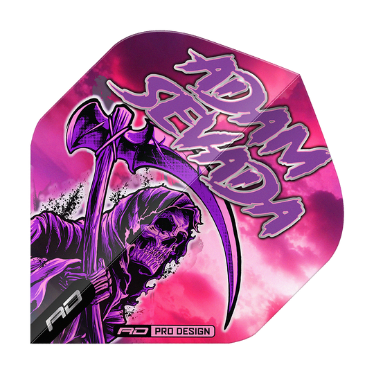 Voli standard Red Dragon Hardcore Adam Sevada Premium No2 Das Bild zeigt das Produkt "Red Dragon Hardcore Adam Sevada Premium No2 Standard Flights". Auf dem Flight ist ein düsteres Sensenmann-Motiv vor einem pink-violetten Hintergrund mit dem Schriftzug "Adam Sevada" zu sehen.