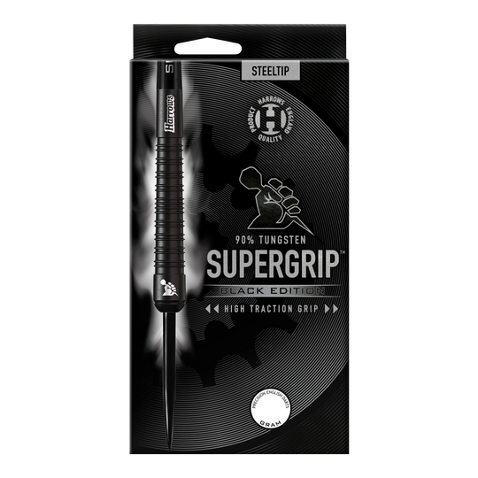 Freccette in acciaio Harrows Supergrip Black Edition Das Bild zeigt die Verpackung der "Harrows Supergrip Black-Edition Steeldarts". Die Verpackung ist schwarz gehalten und hebt die hohe Griffigkeit sowie einen 90%igen Tungsten-Anteil hervor.