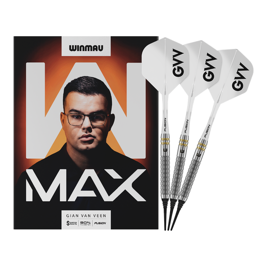 Freccette morbide Winmau Gian Van Veen W-MAX - 18g Winmau Gian Van Veen W-MAX Softdarts - 18g werden vollständig dargestellt. Alle Details der drei Darts sind sichtbar.