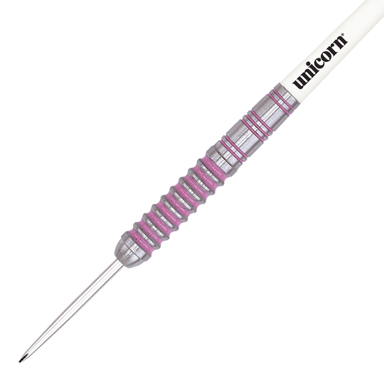 06020_Unicorn_Autograph_Steeldarts_2 Dieses Bild zeigt einen Unicorn Autograph Steeldart. Der Dart hat einen silbernen Schaft mit pinken Ringen und einer weißen Oberseite mit dem Schriftzug "unicorn".