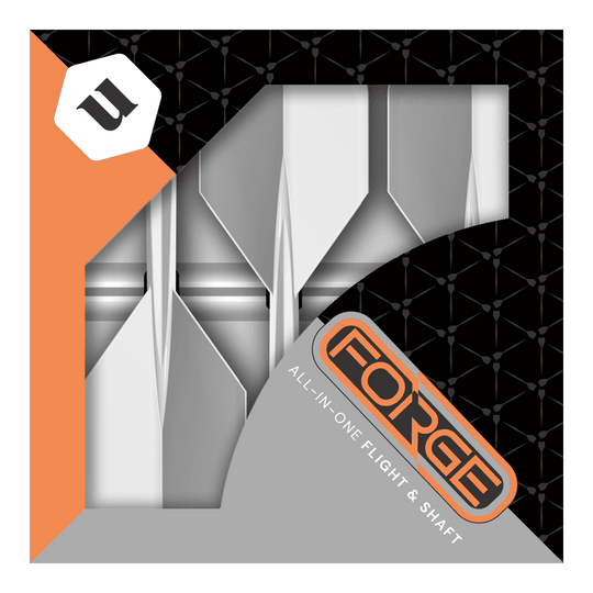 Unicorn Forge All In One Plus No2 Standard Flights Weiß - Medium Das Bild zeigt die Verpackung der "Unicorn Forge All In One Plus No2 Standard Flights Weiß - Medium". In der Schachtel sind weiße Dart-Flights mit integriertem Schaft zu sehen.