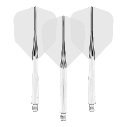 Das Bild zeigt drei durchsichtige Dart-Flights mit Schaften. Sie sind nebeneinander angeordnet und weisen eine klare, transparente Optik auf.