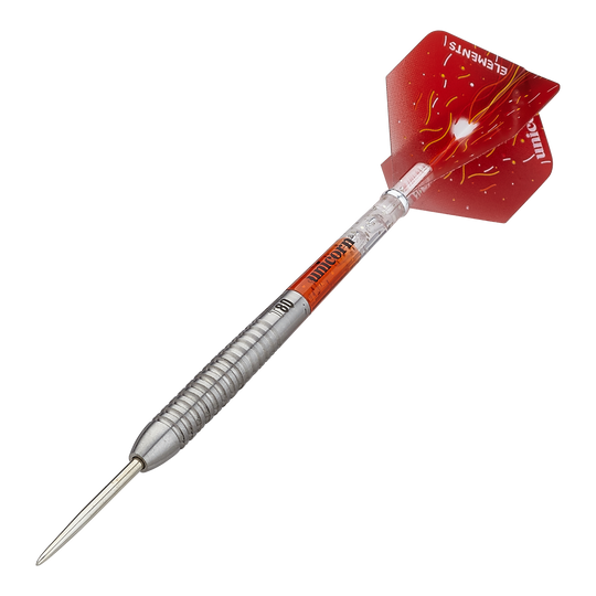 Unicorn Core XL Striker Style 5 freccette in acciaio Das Bild zeigt einen Unicorn Core XL Striker Style 5 Steeldart. Der Dartpfeil hat einen silbernen Schaft und rote Flights mit gelben Mustern.